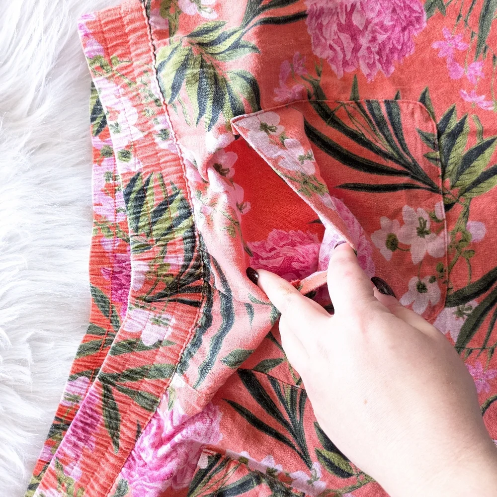 Old Navy Coral Orange Pink And Green Tropical Print Linen Shorts Size 2X - Picture 8 of 8